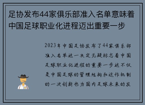 足协发布44家俱乐部准入名单意味着中国足球职业化进程迈出重要一步