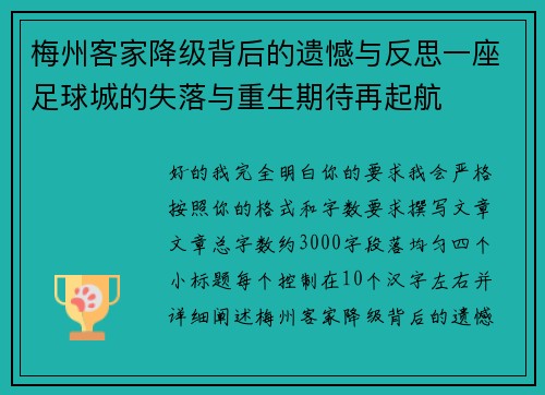 梅州客家降级背后的遗憾与反思一座足球城的失落与重生期待再起航 梅州客家降级背后的遗憾与反思一座足球城的失落与重生期待再起航