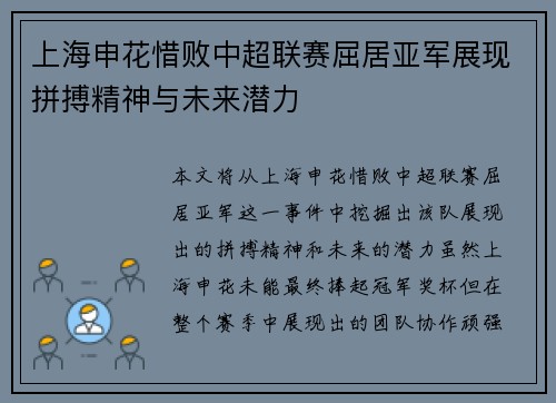 上海申花惜败中超联赛屈居亚军展现拼搏精神与未来潜力