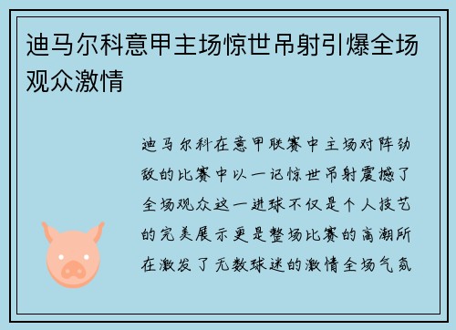 迪马尔科意甲主场惊世吊射引爆全场观众激情